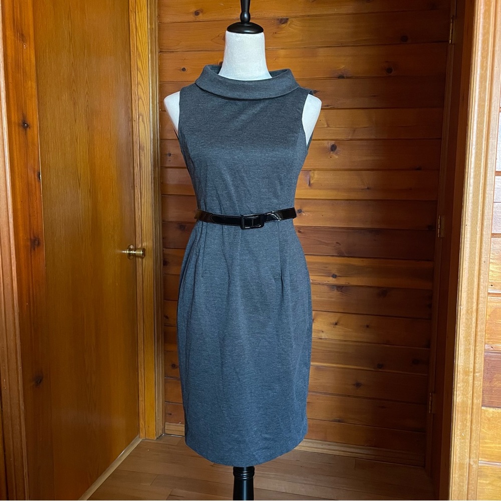 Free w Bundle London Times Gray Cowl Neck Belted Sheath Dress Sz 4